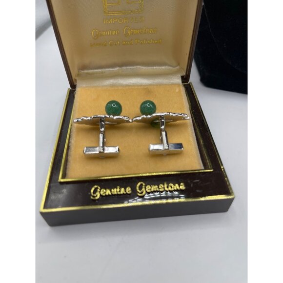 Vintage Alsten Cufflinks With‎ Genuine Green Gemstones In Original Box - Picture 6 of 8